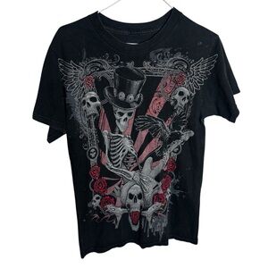 Gothic skeleton in a top hat with skull and roses unisex distressed T shirt